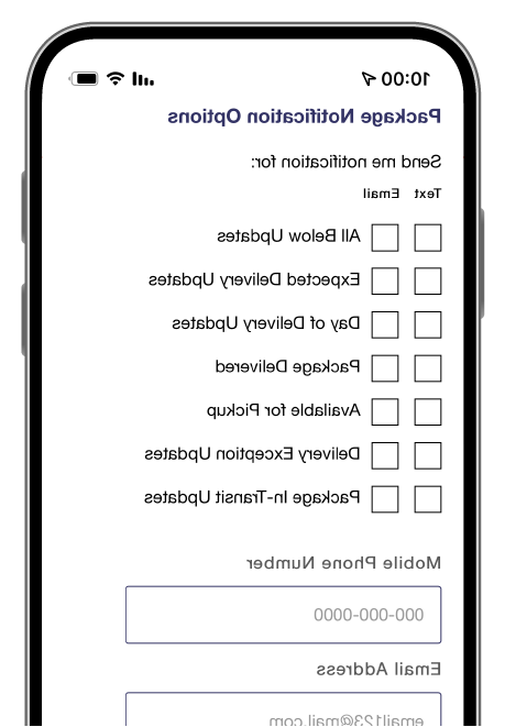 List of the text and email notification options for package tracking updates.